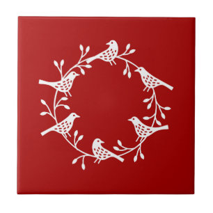 Modern Scandinavian Bird and Rosehip Wreath Tile