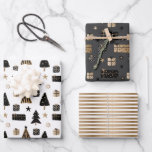 Modern Scandinavian Christmas Patterns Gold Black Wrapping Paper Sheet<br><div class="desc">A set of three whimsical Scandinavian holiday patterns featuring Christmas trees,  wrapped presents,  stars and hand-painted stripes in black,  gold and white.</div>
