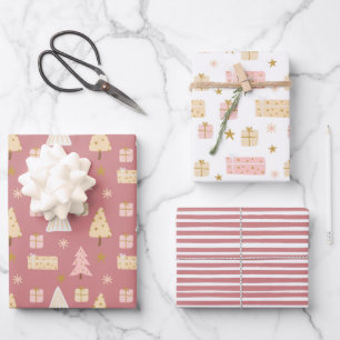 Modern Scandinavian Christmas Patterns Pink Beige Wrapping Paper Sheet