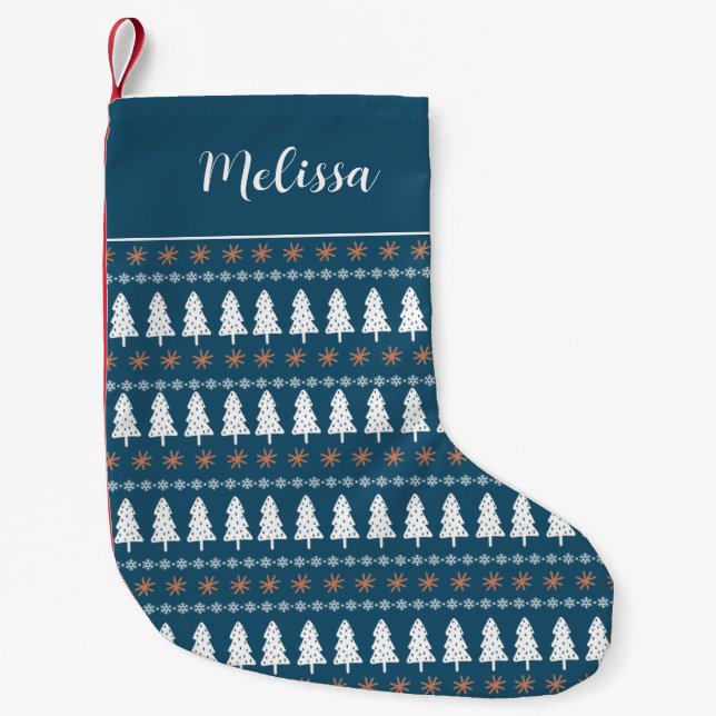Modern Scandinavian Christmas Tree Pattern Blue Small Christmas Stocking (Front)