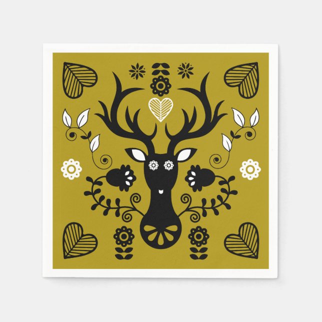 Modern Scandinavian Folk Art Deer Napkin (Front)