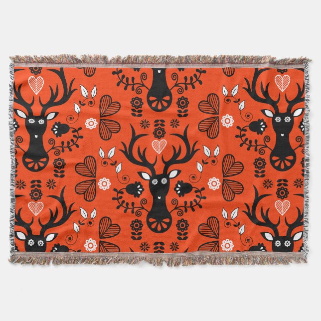 Modern Scandinavian Folk Art Deer Throw Blanket (Front)