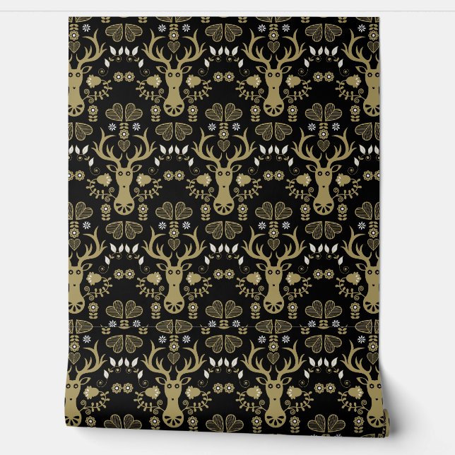 Modern Scandinavian Folk Art Deer Wallpaper (Unrolling)