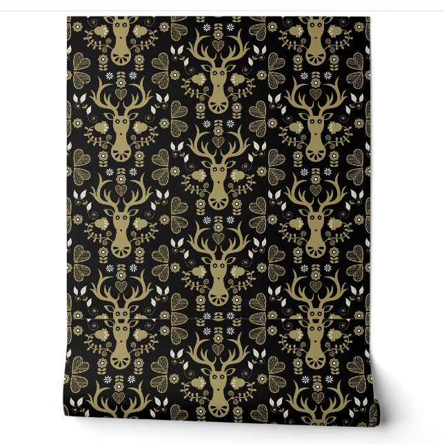 Modern Scandinavian Folk Art Deer Wallpaper (Unrolling)