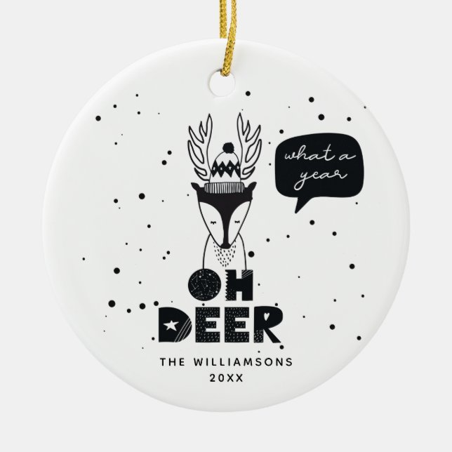 Modern Scandinavian Fun Deer Crazy Year Photo Ceramic Tree Decoration (Front)
