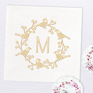 Modern Scandinavian Monogram Initial Bird Wreath Foil Napkins