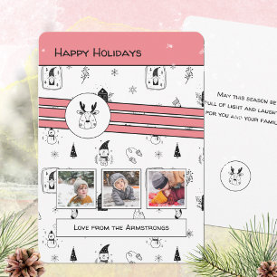 Modern Scandinavian Reindeer Pink 3 Photo Holiday Card