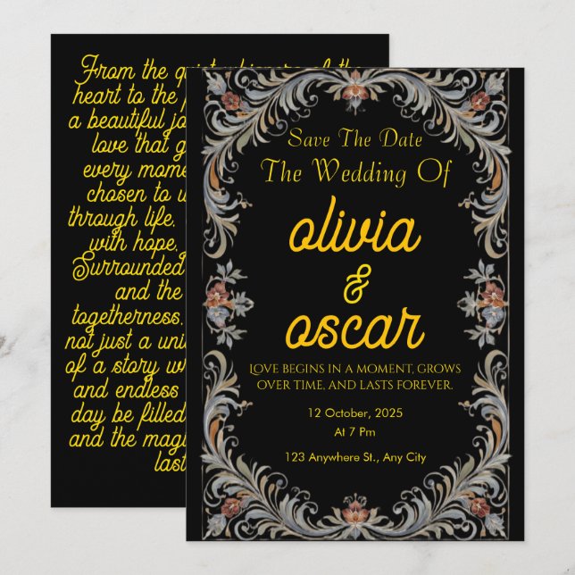 Modern Scandinavian Rosemaling Wedding Invitation  (Front/Back)