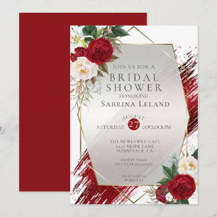 Modern Scarlet Peonies and Crimson Paint Stroke Invitation