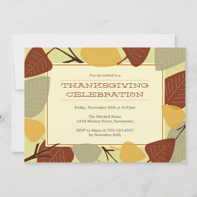 Modern scattered leaves thanksgiving celebration invitation (Front)