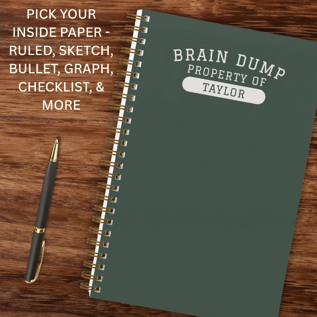 Modern School Brain Dump List Funny Green Notebook (Clean collegiate style with a modern edge.Personalized name makes it uniquely theirs.)