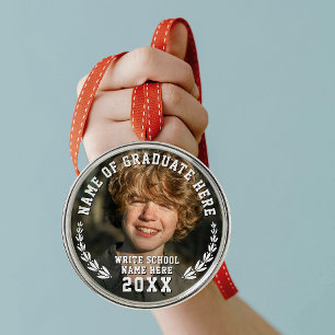 Modern School Grad Wreath Photo Medal Bold Typo Metal Tree Decoration