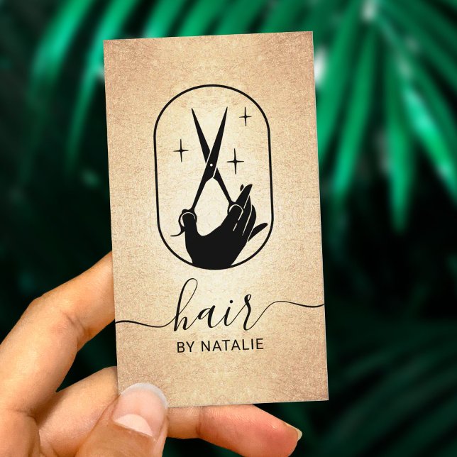Modern Scissor & Hand Logo Hair Salon Gold Business Card (Creator Uploaded)