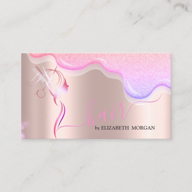 Modern Scissors Glitter Drips Hair Rose Gold Business Card (Front)