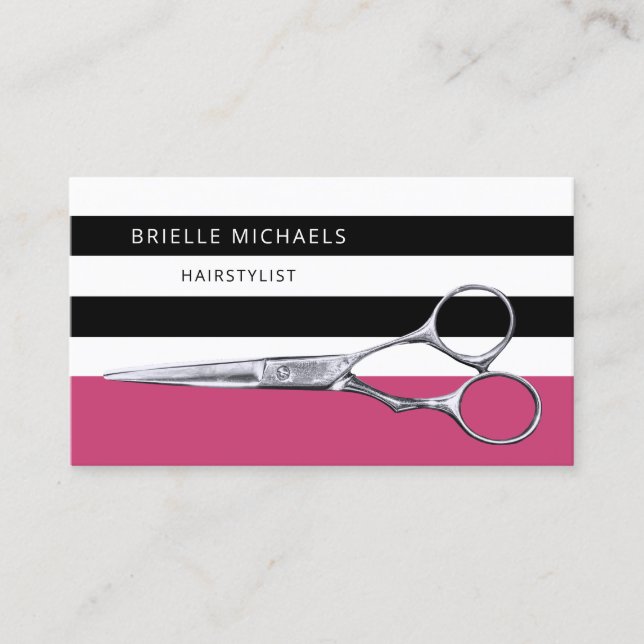 Modern Scissors Pink and Black Stripes Hair Salon Business Card (Front)