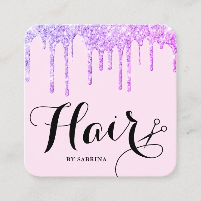 Modern scissors purple glitter drips hair square business card (Front)