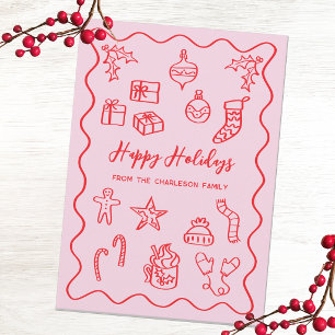 Modern Scribble Illustration Doodle Pink and Red Holiday Card