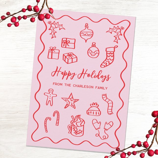 Modern Scribble Illustration Doodle Pink and Red Holiday Card (Fun hand drawn scribble doodle Christmas holiday card in pink & red to personalize with custom text.)