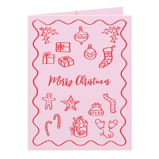 Modern Scribble Illustration Doodle Pink and Red Holiday Card (Fun hand drawn scribble doodle pink and red personalized custom text Christmas holiday card)