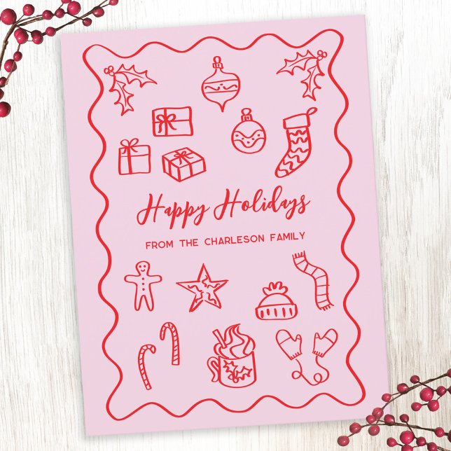 Modern Scribble Illustration Doodle Pink and Red Holiday Postcard (Fun pink and red hand drawn doodle personalized name Christmas holiday postcard)