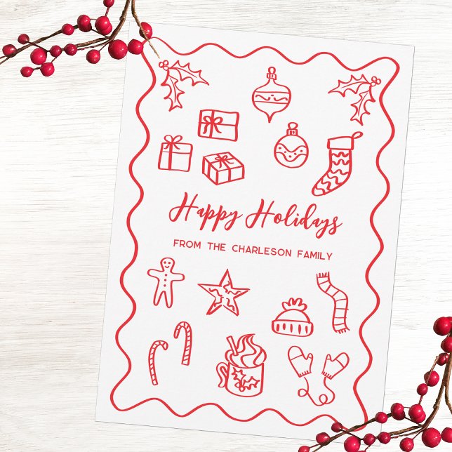Modern Scribble Illustration Doodle Red and White Holiday Card (Fun hand drawn scribble doodle red and white personalized custom text Christmas holiday card)