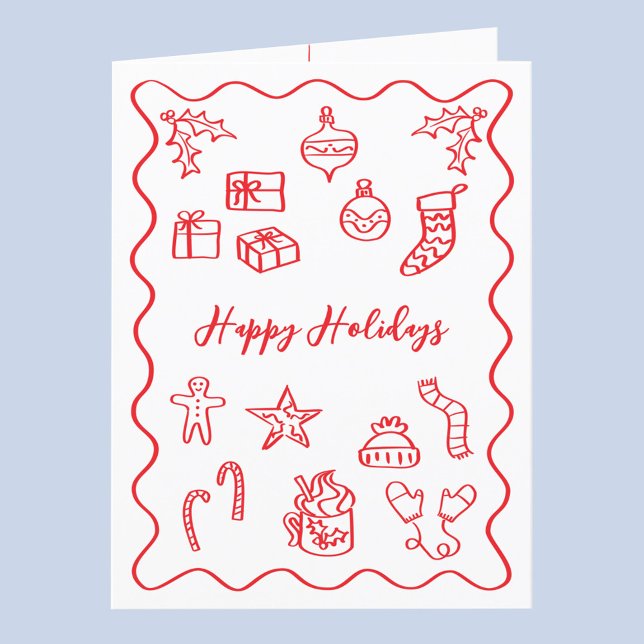 Modern Scribble Illustration Doodle Red and White Holiday Card (Fun hand drawn scribble doodle red and white personalized custom text Christmas holiday card)