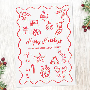 Modern Scribble Illustration Doodle Red and White Holiday Card