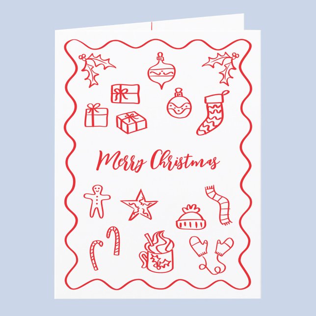 Modern Scribble Illustration Doodle Red and White Holiday Card (Fun hand drawn scribble doodle red and white personalized custom text Christmas holiday card)