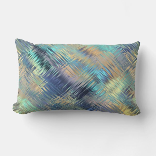 Modern Scribbled Plaid in Peacock Colours Lumbar Cushion (Front)
