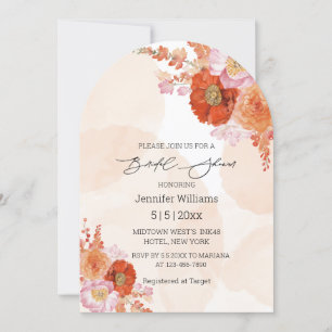 modern scrip orange flowers bridal shower arch invitation