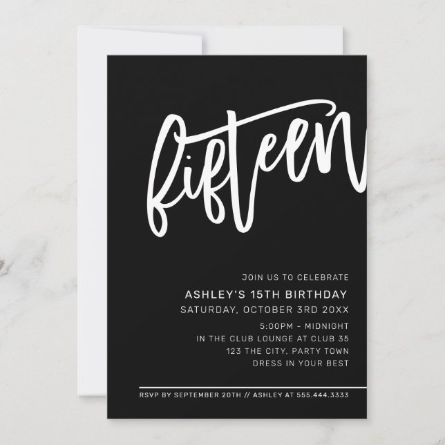 MODERN SCRIPT 15th birthday party black white Invitation (Front)