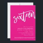 MODERN SCRIPT 16th birthday party hot pink white Invitation<br><div class="desc">by kat massard >>> https://linktr.ee/simplysweetpaperie <<< A trendy, hand lettered invitation design for your 16th BIRTHDAY - I have most ages available in store TIP :: 1. To change/move graphics & fonts and add more text - hit the "customise it" button. - - - - - - - - -...</div>