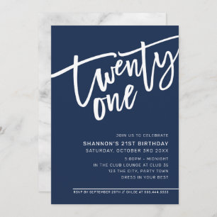 MODERN SCRIPT 21st birthday party dark navy blue Invitation
