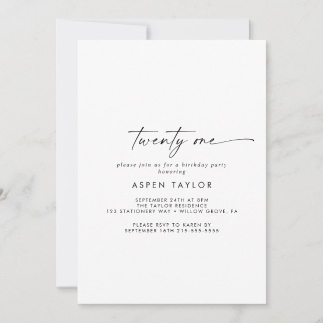 Modern Script 21st Birthday Party Invitation (Front)