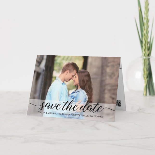 Modern Script 2 Engagement Photos Simple Custom Announcement (Front)