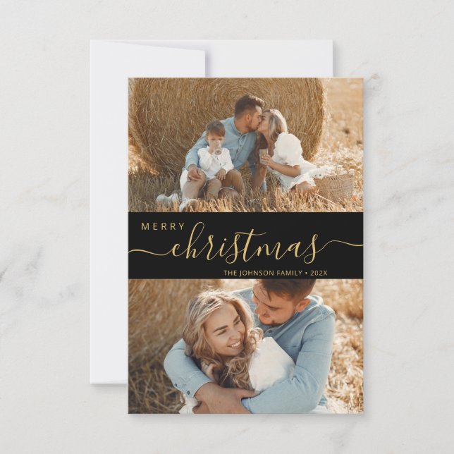 Modern Script 2 Photo Collage Christmas Card (Front)