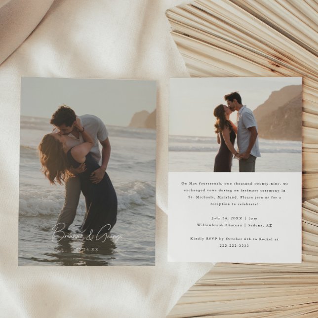 Modern Script 2-Photo Elopement Wedding Reception Invitation (Creator Uploaded)