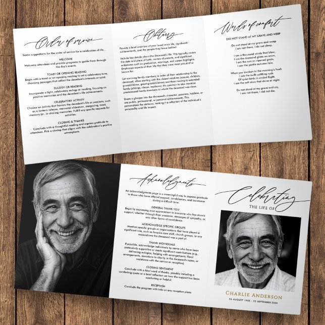 Modern Script 2-Photo Funeral/Memorial Tri-Fold Programme (Creator Uploaded)