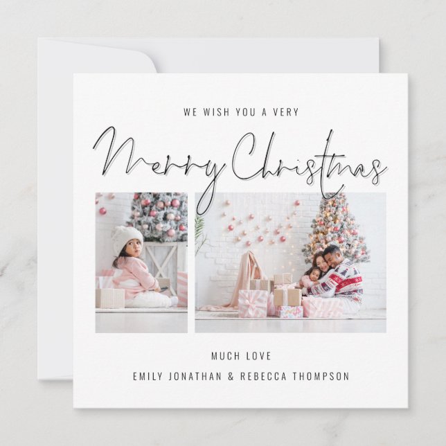Modern Script 2 Photo Merry Christmas Card (Front)