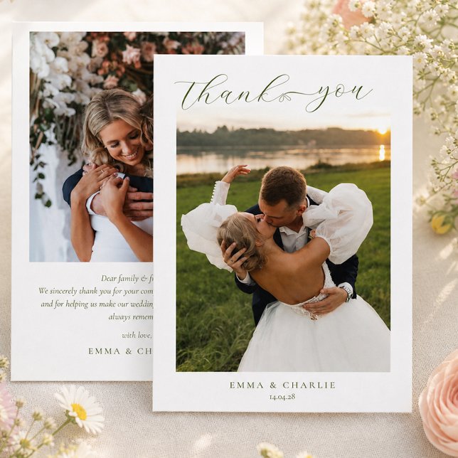Modern Script 2 Photo Thank you Heart Wedding Card (Modern Script 2 Photo Thank you Heart Wedding Card)