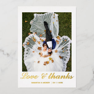 Modern script 2 photo wedding foil thank you card