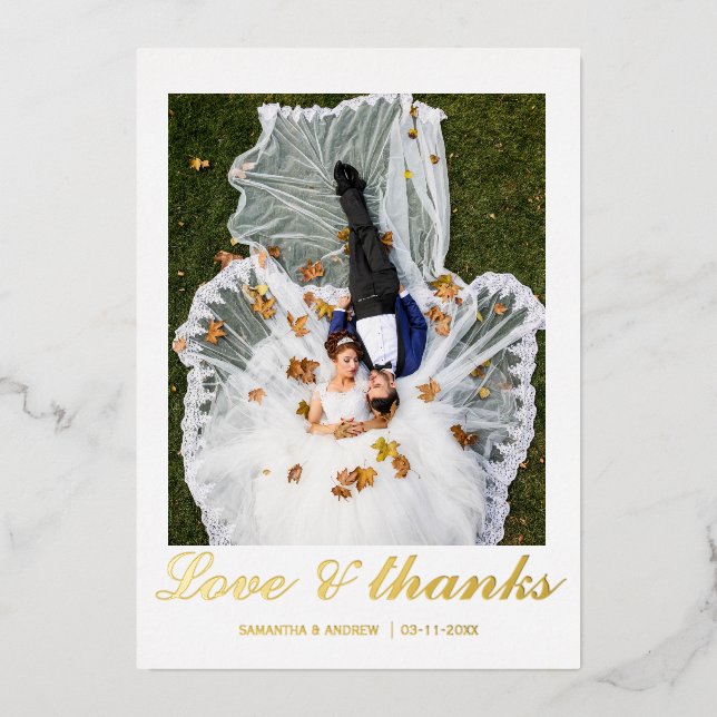 Modern script 2 photo wedding foil thank you card (Front)