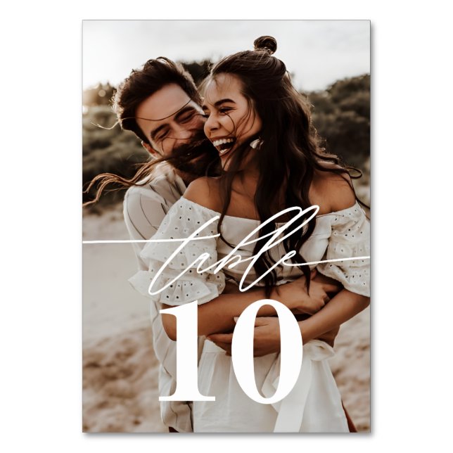 Modern Script 2-Photo Wedding Table Number (Front)