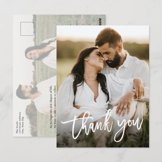 Modern Script 2 Photo Wedding Thank You Postcard (Front/Back)