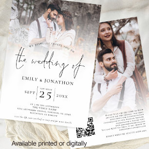 Modern Script 2 Photos Overlay QR Code Wedding  Invitation