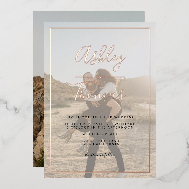 Modern script 2 photos wedding geometric frame (Front/Back)