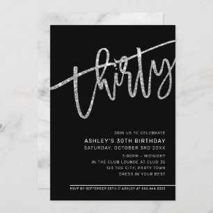 MODERN SCRIPT 30th birthday black silver glitter Invitation