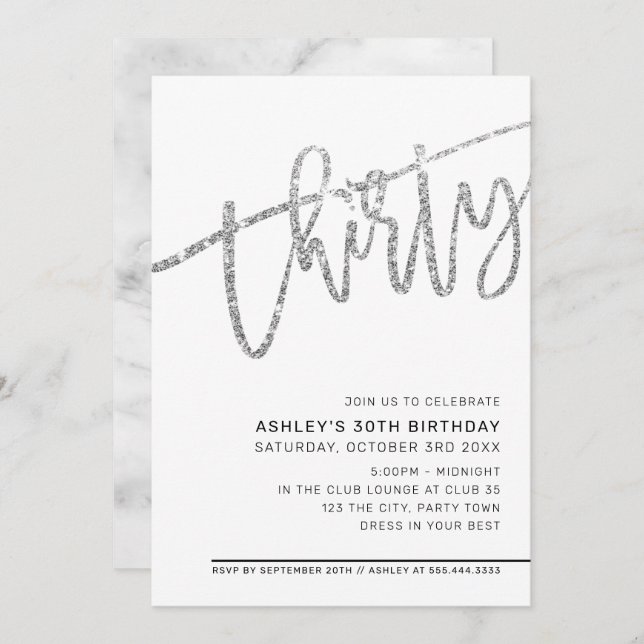 MODERN SCRIPT 30th birthday party silver glitter Invitation (Front/Back)