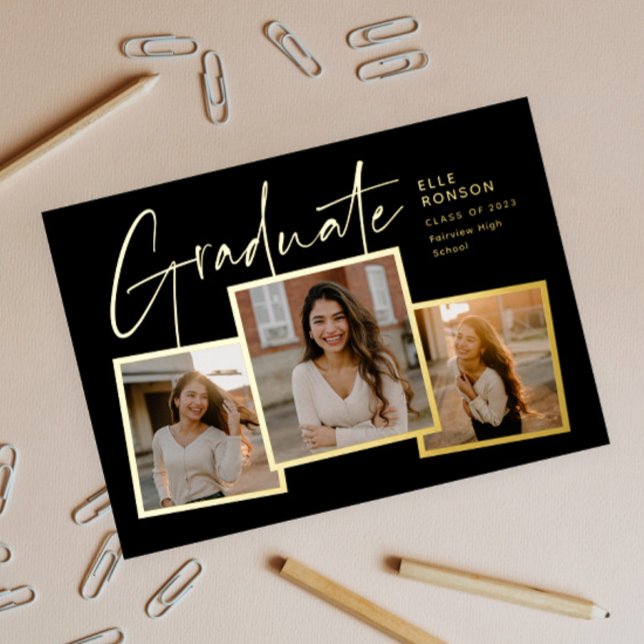 Modern Script 3 Photo Collage Gold Graduation  (Modern graduate script black and gold photo collage graduation foil invitation.)