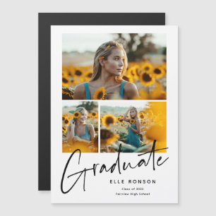 Modern Script 3 Photo Collage Graduation Magnetic Invitation